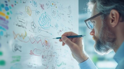 Poster - A focused individual sketches ideas on a whiteboard, showcasing creativity and brainstorming in a collaborative environment.