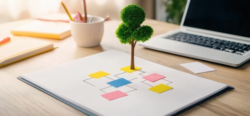 Leinwandbilder - A miniature tree grows from a flowchart on a workspace, symbolizing growth and creativity in planning and organization.