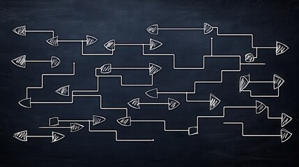 Fototapete - A series of interconnected arrows on a chalkboard, illustrating a complex flowchart or decision-making process.