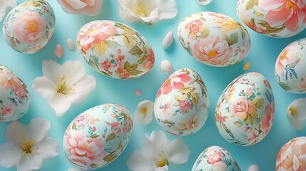 Wall Mural - Springtime elegance: floral-patterned easter eggs on pastel background