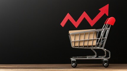 Aufkleber - A shopping cart with cardboard boxes moves alongside a rising red graph, symbolizing growth in sales or market trends.