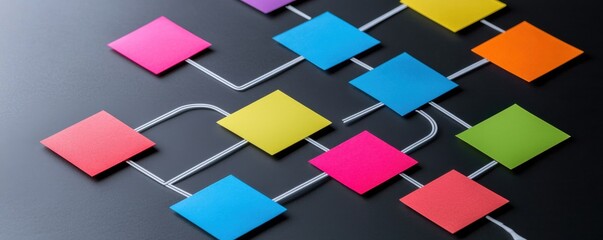 Poster - A vibrant flowchart with colorful squares connected by lines, representing ideas or processes on a dark background.