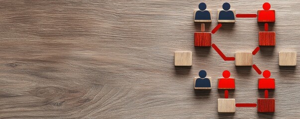 Fototapete - The image depicts wooden figurines connected by red lines, illustrating a network or communication system on a wooden surface.