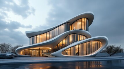 Poster - A futuristic, flowing architectural design with large glass windows and ambient lighting.