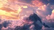 © Business Pics - Cross of Jesus Christ in the sky with clouds. Christian easter. Conceptual religious symbol. Cross on top of a mountain, on a background of sky, clouds and beautiful sunset, with generative ai