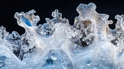 Frozen water splash, close-up view of ice formations, abstract texture.