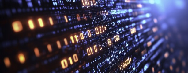 Abstract digital background featuring glowing lights, binary code, and pixel art, symbolizing technology, software development, and information concepts.