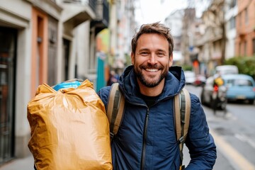 A cheerful man in casual attire is walking down a city street, happily carrying a large yellow bag, embodying a sense of joy and positivity in urban life.