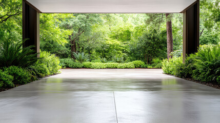 Wall Mural - tranquil view of lush garden from modern garage entrance