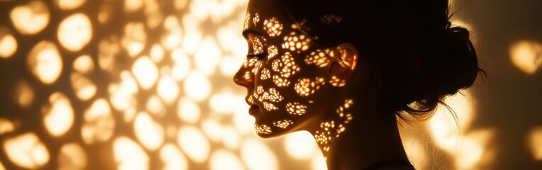 Aufkleber - Serene portrait of a woman bathed in warm light with intricate shadows on her face
