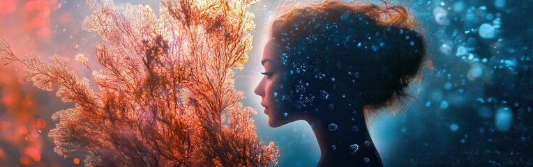 Poster - Portrait of a serene woman embodying tranquility in a mystical underwater environment surrounded by vibrant coral and bubbles