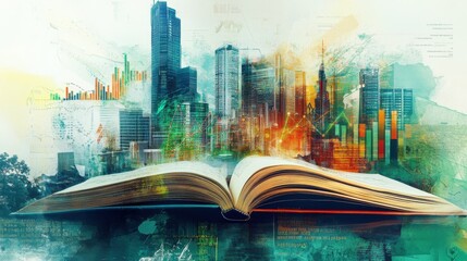 Aufkleber - Polished representation of financial growth depicted through a cityscape emerging from an open book