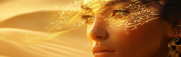 Aufkleber - Mystical visualization of a woman's face illuminated by golden scripts in a desert landscape at sunset