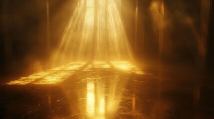 Aufkleber - Mysterious dark room illuminated by warm golden light with reflections on the floor