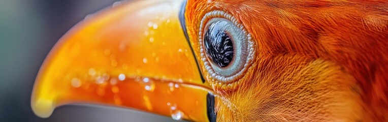 Vibrant toucan close-up with droplets highlighting feathers and eye in natural habitat during daylight