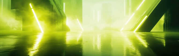 Poster - Glowing lime-green and yellow environment with reflective surfaces and futuristic lighting effects at dusk