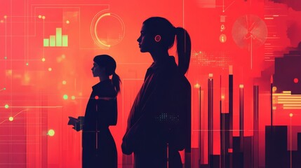 Leinwandbilder - Dynamic silhouettes of young professionals against a vibrant red background representing innovation and teamwork in a modern workspace