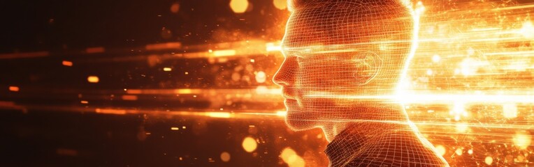 Fototapete - Dynamic profile of a man illuminated by vibrant energy flow in a futuristic setting