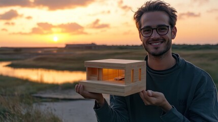 Poster - A man holds a wooden architectural model at sunset by a serene landscape.