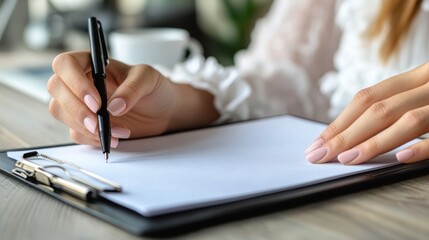 Aufkleber - Close-up of hands writing on blank paper in a modern workspace during the day
