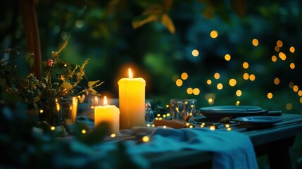 Aufkleber - Soft candlelight illuminates a romantic outdoor dining setting with floral decorations at dusk