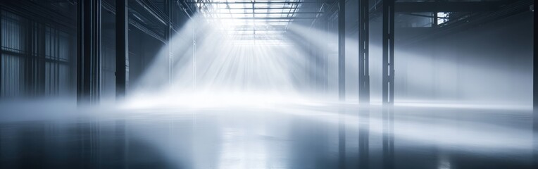 Poster - Monochromatic space with beams of light illuminating a reflective surface during the early morning