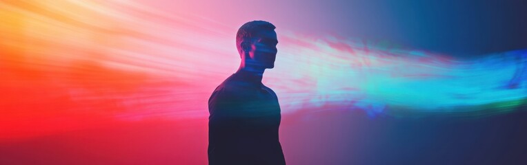 Poster - Man emanating vibrant colors against a dark background in an abstract conceptual visualization of energy and light