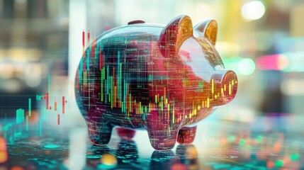 Poster - Colorful piggy bank showcasing digital finance concepts and investment trends in a modern setting