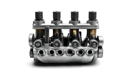 Poster - A metallic automotive engine component featuring multiple valves for efficient performance.