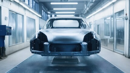 Poster - A metallic car body in a well-lit industrial workshop, awaiting further assembly.