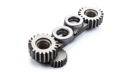 A metallic component featuring gears and threaded sections, likely for machinery use.