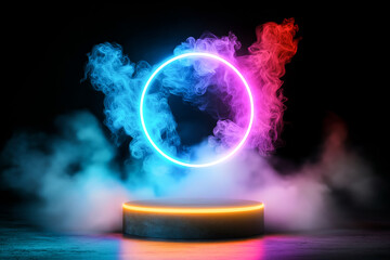 Canvas Print - vibrant abstract scene featuring glowing podium surrounded by colorful smoke. neon blue and pink hues create captivating atmosphere, perfect for showcasing creativity