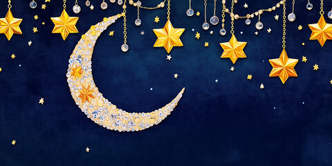 Wall Mural - Glittering crescent moon and star glowing on rich navy velvet backdrop