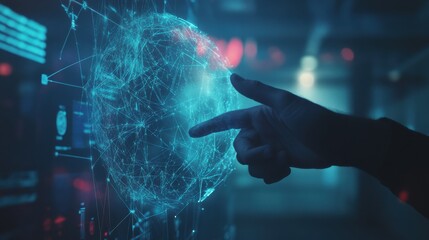 Wall Mural - Close up of business man hand pointing at abstract glowing polygonal sphere and digital business interface on blurry blue background. Future, innovation and technology concept. Double exposure