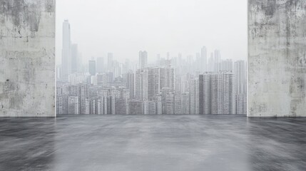 Poster - A minimalist interior with a view of a foggy urban skyline.