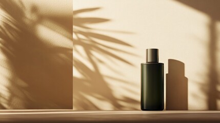 Aufkleber - A minimalist scene featuring a dark bottle casting shadows against a textured background.
