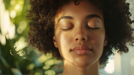 Aufkleber - A close-up captures a person meditating in natural light, surrounded by guided resources, showcasing their focused expression and mindfulness techniques.