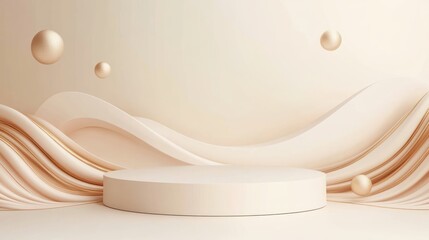 Aufkleber - A minimalist stage with soft waves and floating spheres, ideal for presentations or displays.