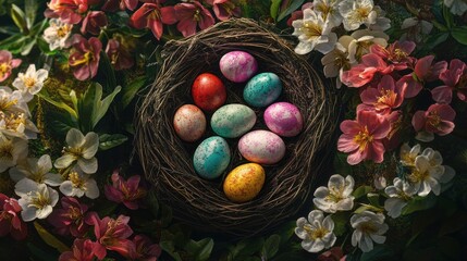 Wall Mural - Cheerful easter concept showcasing colorful eggs nestled in a nest surrounded by vibrant spring blossoms. Easter setting provides room for text. Bird's-eye arrangement