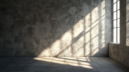 Aufkleber - A minimalistic interior with textured walls and sunlight casting shadows through a window.
