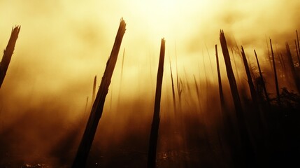 Poster - A misty forest scene with tall, dark tree stumps silhouetted against a golden haze.