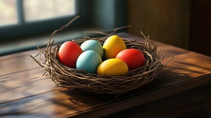 Wall Mural - Easter eggs in a nest on the table.