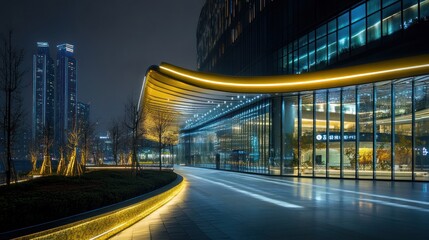 Poster - A modern architectural structure illuminated at night, showcasing sleek design and urban ambiance.