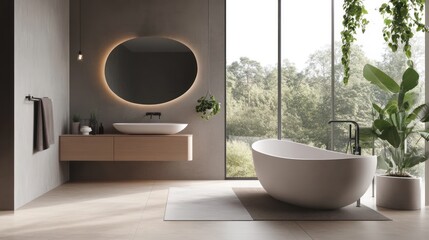 Aufkleber - A modern bathroom with a freestanding tub, sink, and large windows showcasing greenery.