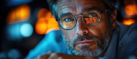 Wall Mural - Focused man with glasses gazes intently, reflecting screens in his lenses.