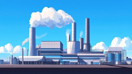 Poster - A modern industrial facility with smokestacks and machinery against a clear blue sky.