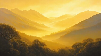 Wall Mural - Golden mountain valley at sunrise.