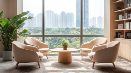 Aufkleber - A modern lounge area with soft chairs and a view of a city skyline and greenery.