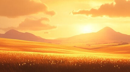 Wall Mural - Golden sunset over rolling hills and a field of tall grass.