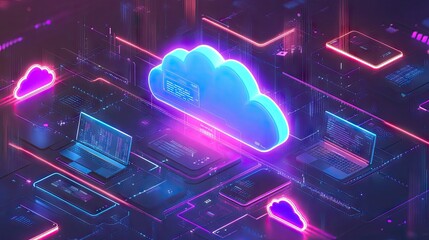 a futuristic concept of cloud computing showing devices like laptops, tablets, and smartphones conne